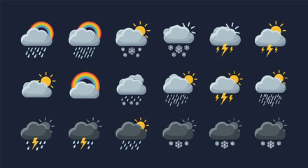 Obraz premium Weather forecasting icons set provides representations for conditions like rain, snow, lightning, and sunny intervals with clouds.