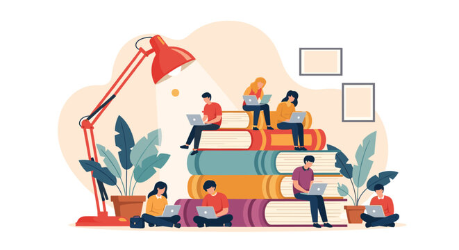 Group of young professionals uses laptops while sitting on a large stack of giant books to illustrate learning through technology.