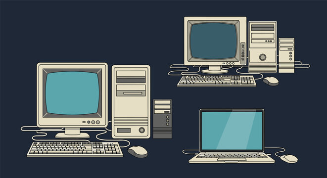 Evolution of personal computing is displayed through vintage desktop computer systems alongside a modern sleek laptop.