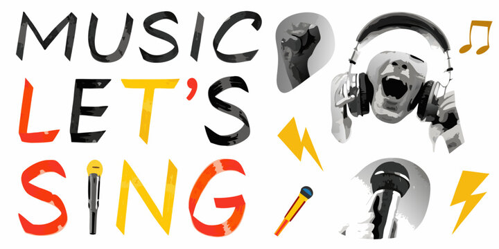 Music collage featuring lyrics microphone and musical notes vector illustration