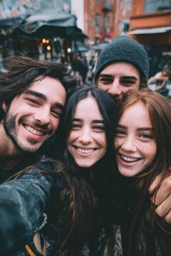 Four young friends taking a selfie together outdoors with smiles