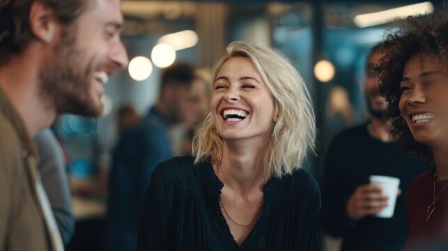 Diverse group of friends laughing heartily together in a modern office setting