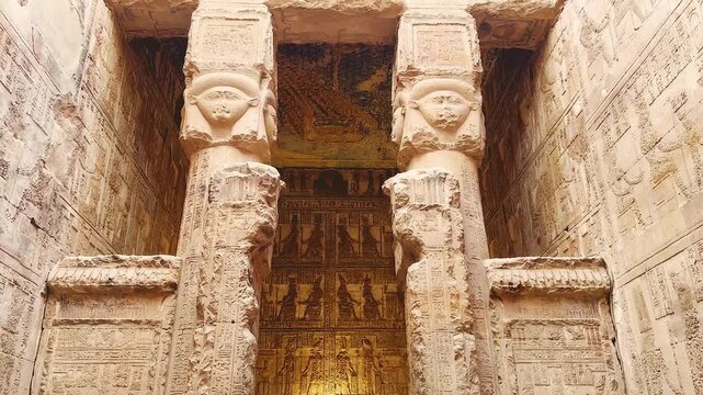 Beautiful bas-reliefs and ancient hieroglyphs from the Dendera Temple Complex, Qena, Egypt.
