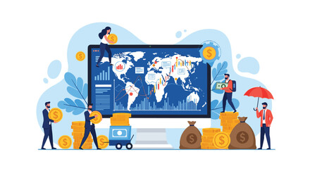 Fototapeta premium Global finance and stock market analysis concept with professionals managing wealth around a large data screen.