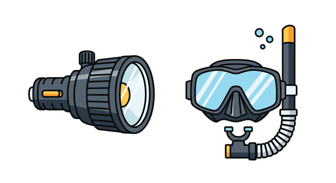 Professional underwater exploration equipment featuring a high-power diving flashlight and a full face mask with snorkel.