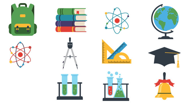Comprehensive collection of school and science education icons including books, globe, atom models, and lab equipment.