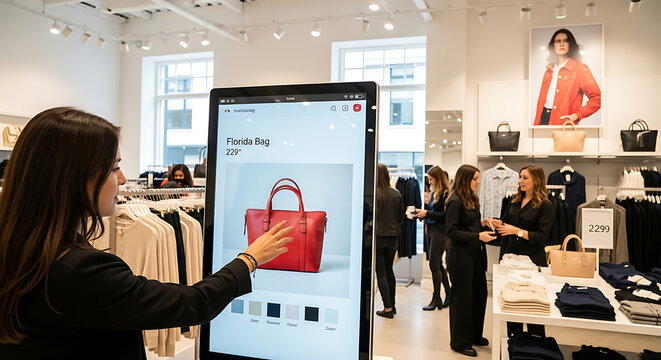 A young woman interacts with a large digital touchscreen kiosk to browse clothing and handbags inside a modern bright retail boutique fashion clothing store