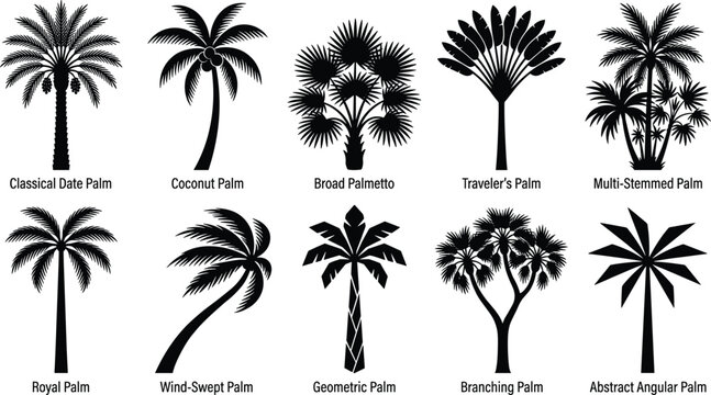 Silhouette Collection of Diverse Palm Tree Types for Tropical and Botanical DesignSilhouette Collection of Diverse Palm Tree Types for Tropical and Botanical Design