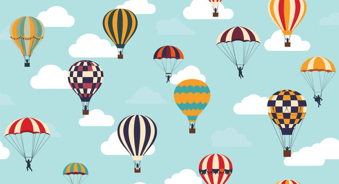 Colorful pattern featuring hot air balloons and parachutes floating among fluffy white clouds in a bright blue sky for background.