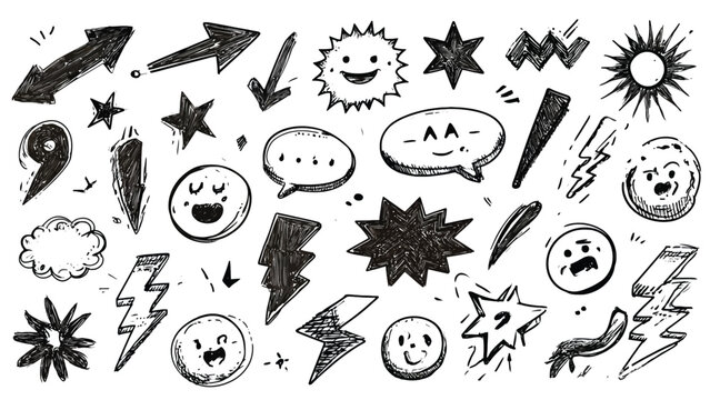 Doodle collection featuring suns stars arrows and happy faces in black and white