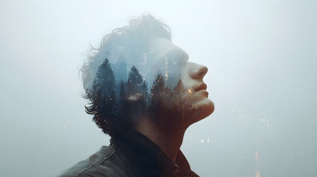 Conceptual double exposure portrait of a man profile and misty pine forest. Abstract psychology background representing mental health, human mind, thoughts, and memory.
