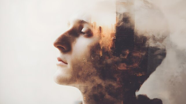 Conceptual double exposure portrait of a man profile and misty pine forest. Abstract psychology background representing mental health, human mind, thoughts, and memory.