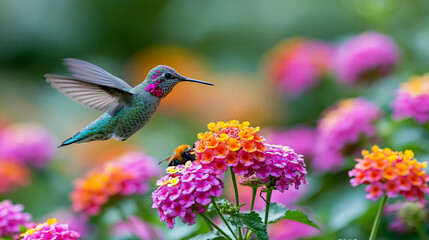 Obraz premium Vibrant hummingbird and bumblebee feeding on colorful flowers in a sunny garden setting, wildlife nature photography, biodiversity and pollinator concept, defocused background,