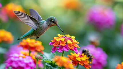 Fototapeta premium Vibrant hummingbird and bumblebee feeding on colorful flowers in a sunny garden setting, wildlife nature photography, biodiversity and pollinator concept, defocused background,