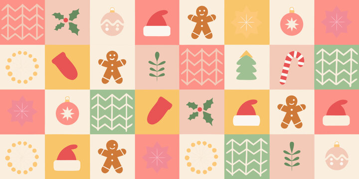Christmas holiday ornament pattern with pastel colors and geometric backgrounds