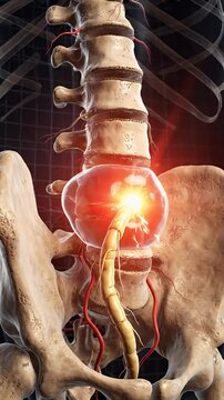 Lumbar Disc Herniation and Sciatic Nerve Pain Visualization - This 3D medical illustration depicts a herniated lumbar disc compressing a nerve root, causing inflammation and radiating pain.
