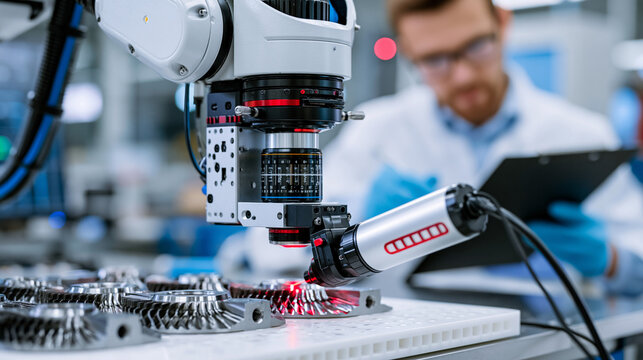 Robotic quality assurance unit uses laser micrometer to measure tolerance on precision machined turbine blades arranged on sterile white inspection table, aerospace engineer annotating deviation rep