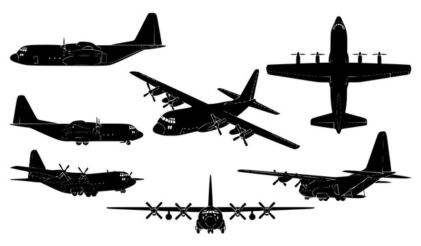 C-130 Hercules Military Transport Aircraft Silhouette Vector Collection Set Aviation Illustration