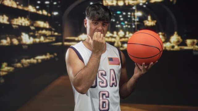 Man in white usa basketball jersey number six holds orange basketball with one hand and bites a fingernail of the other hand in a museum gallery with lit exhibit shelves and pottery; nervousness.