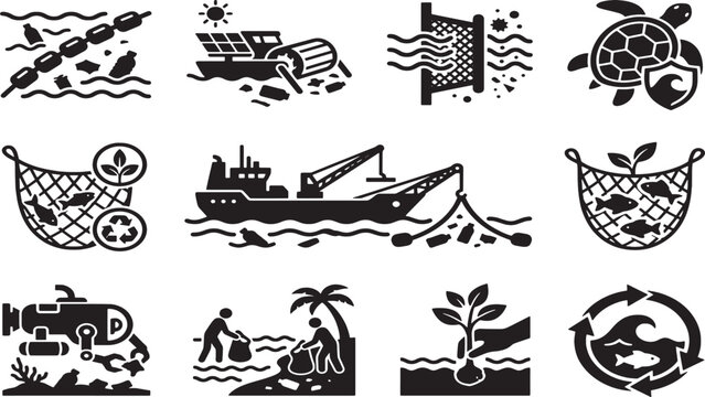 Collection of black and white depicting ocean pollution and conservation efforts recycling trash plastic bottles