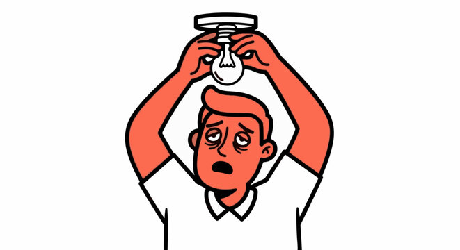 Frustrated man struggling to install ceiling fixture.