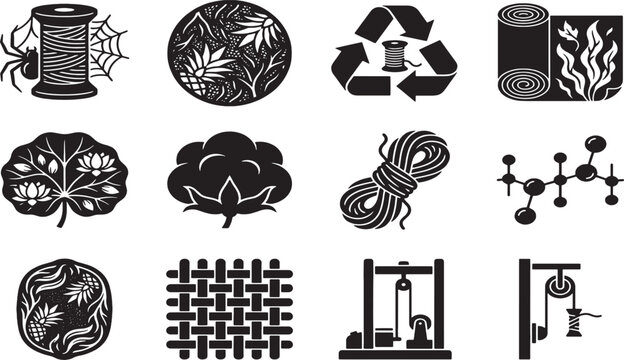 Collection of black and white representing textile production and natural fabric thread spool spider