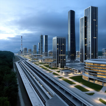 Ultra modern industrial complex cityscape with high rise skyscraper, glass facade, evening light, futuristic architecture, urban landscape