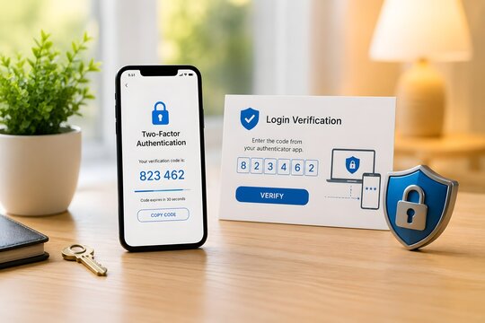 Two-Factor Authentication displayed on a smartphone, with a verification screen and security shield for the concept of digital security and cybersecurity.