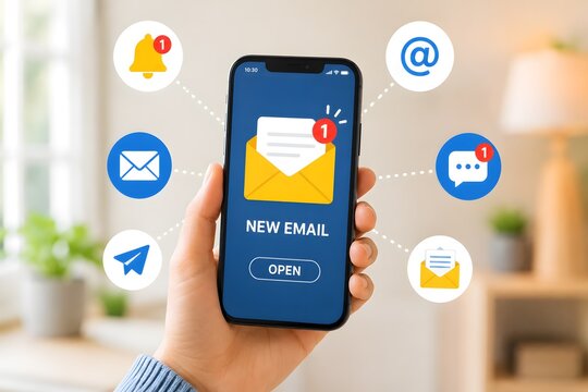 Smartphone displaying a new email notification, surrounded by communication icons, for the concept of digital communication and connectivity.