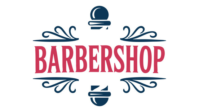 Barbershop Sign with Elegant Red Typography and Ornamental Swirling Black Design Elements Conveying a Classic Vintage Style Logo