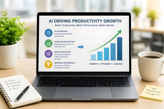 Laptop screen showing AI Driving Productivity Growth with a graph for the concept of technology and business development.