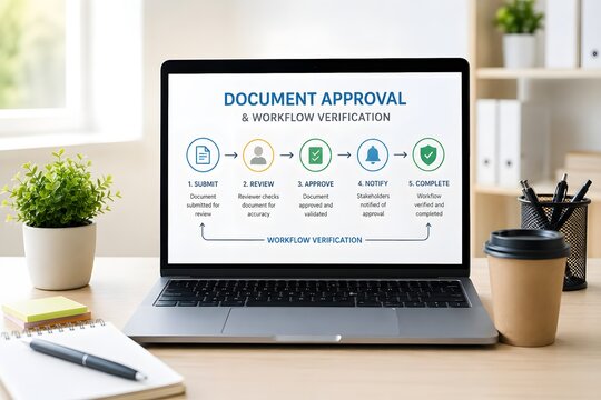A laptop screen displaying a workflow diagram for document approval, on a desk with a notebook and coffee cup, representing business process efficiency.