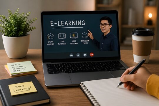 Online education through e-learning on a laptop for the concept of remote learning and skill development.