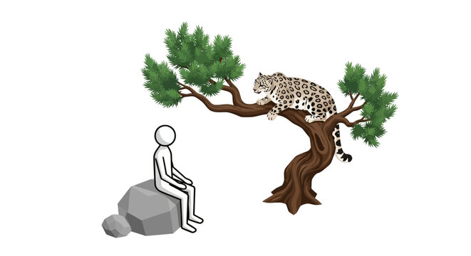 Person resting under tree with leopard in branches above.