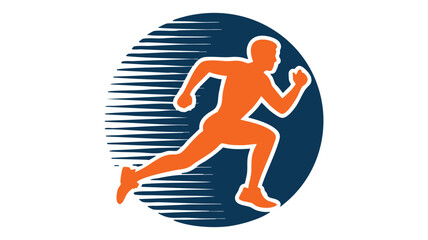 Obraz premium Runner Silhouette in Orange, Depicted in an Active, Dynamic Pose, with a Dark Blue and White Striped Circular Background.