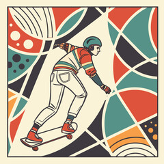 Fototapeta premium Skateboarder in motion wearing a helmet and colorful vintage outfit surrounded by dynamic abstract shapes and geometric curves in mid century style