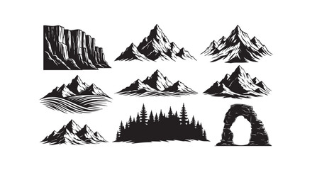 Fototapeta premium Majestic mountain range silhouettes and pine forest icons with natural rock arch formation isolated on white background.
