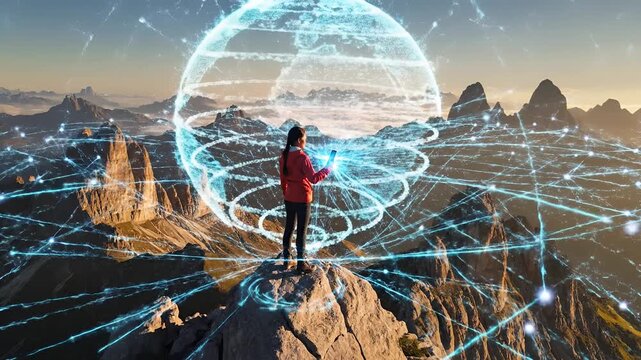 Woman on mountain peak with digital network overlay.