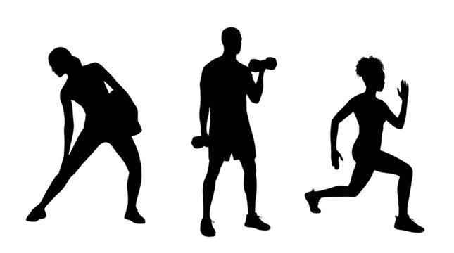 Black silhouettes of people exercising with dumbbell