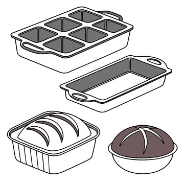 Set of baking pans and bread loaves, including loaf pan, muffin tin, square bread mold, and round bread basket