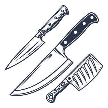 Retro style black and white knife set featuring chef blade and meat cleaver icons for butchery and culinary branding or menu design compositions