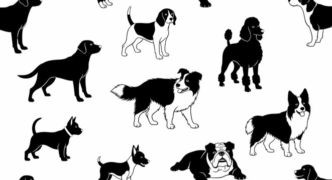 Seamless Pattern of Diverse Dog Breeds Silhouettes - Pet Animal Vector Art