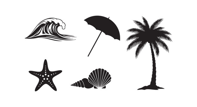 Set of black beach and summer icons wave umbrella palm tree starfish and seashell isolated on white background.