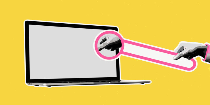 Laptop With Hand Pointing Pop Art Vector Illustration