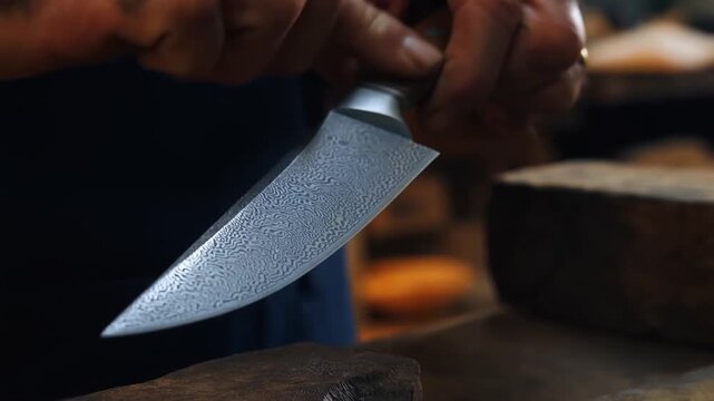 Slow motion close up of chef inspecting and sharpening damascus knife blade on wooden workbench in kitchen workshop