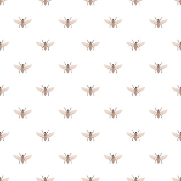 Flying minimal insect bugs forming a seamless repeating pattern on a white background