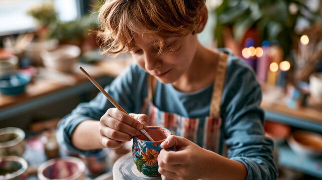 A European focused boy viewed from above paints softly a bright clay mug at a calm ceramics master class in soft daylight clay painting faceless top view bright workshop