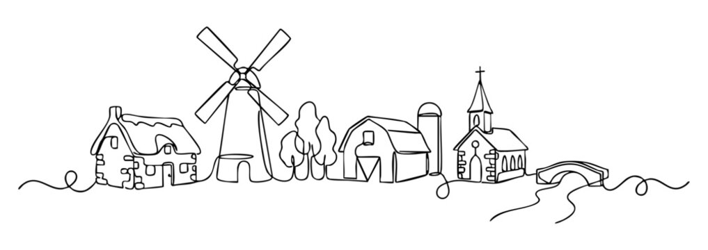 Countryside landscape with a house, windmill, barn, church and bridge, line art style. vector illustration