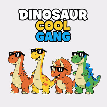 A group of cartoon dinosaurs wearing sunglasses standing together with the text dinosaur cool gang above them