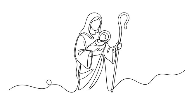 Continuous one line drawing of Virgin Mary holding a staff and cradling the infant Jesus